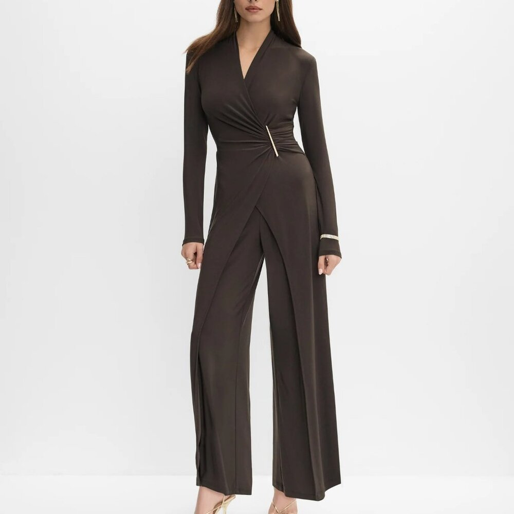 Joseph Ribkoff - Brooch Fastened Faux-Wrap Jumpsuit - SIZE 14   NEVER WORN